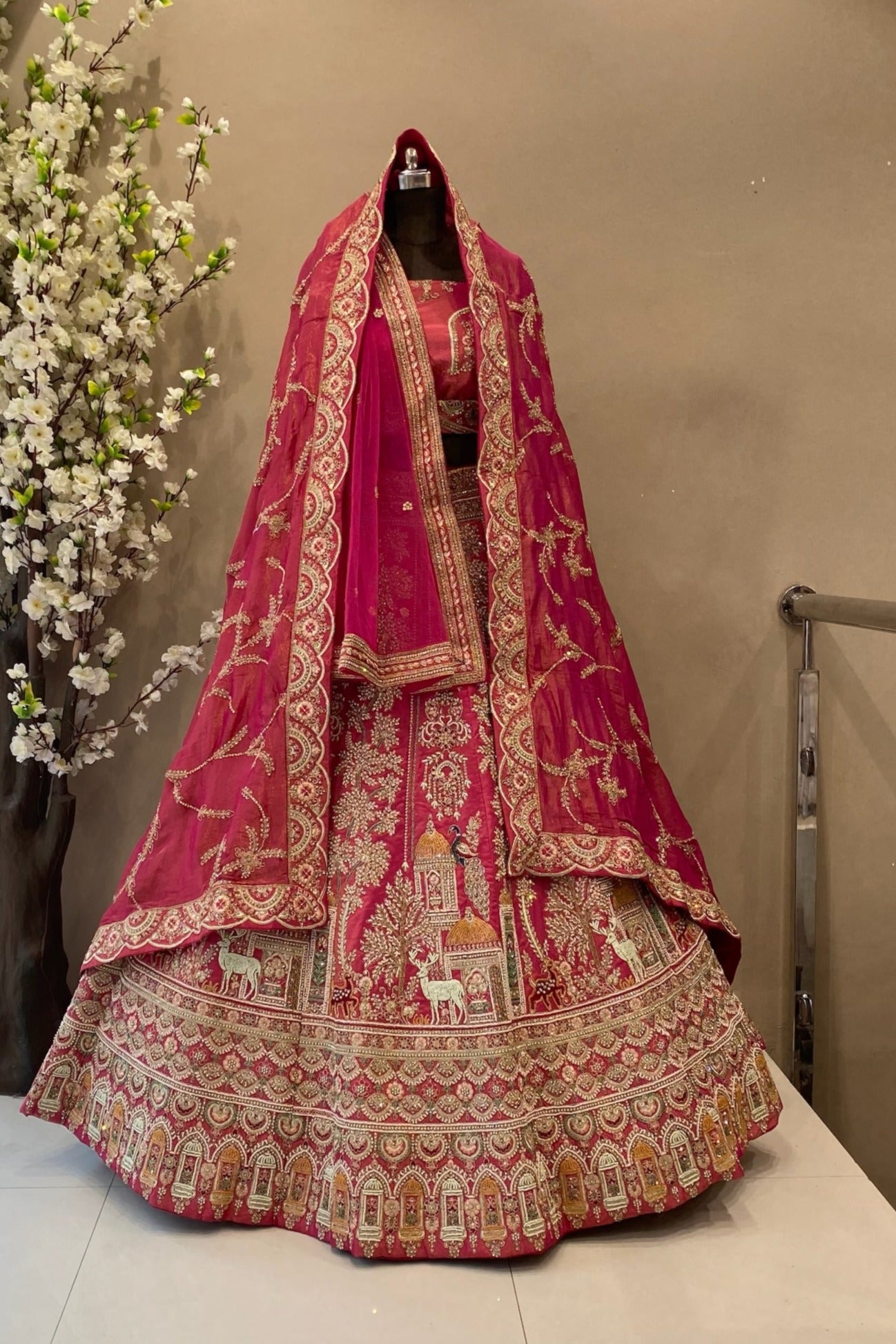 Rani Pink Tissue Fabric Bridal Lehenga with Double Dupatta - Luxury Wedding Wear