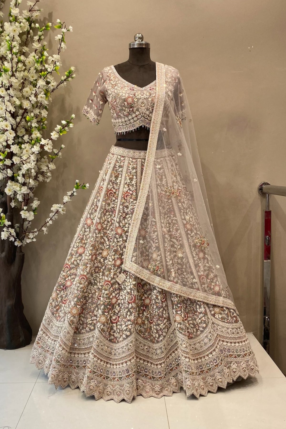 Engagement Wear lehenga design with multi thread work and zarkan highlights