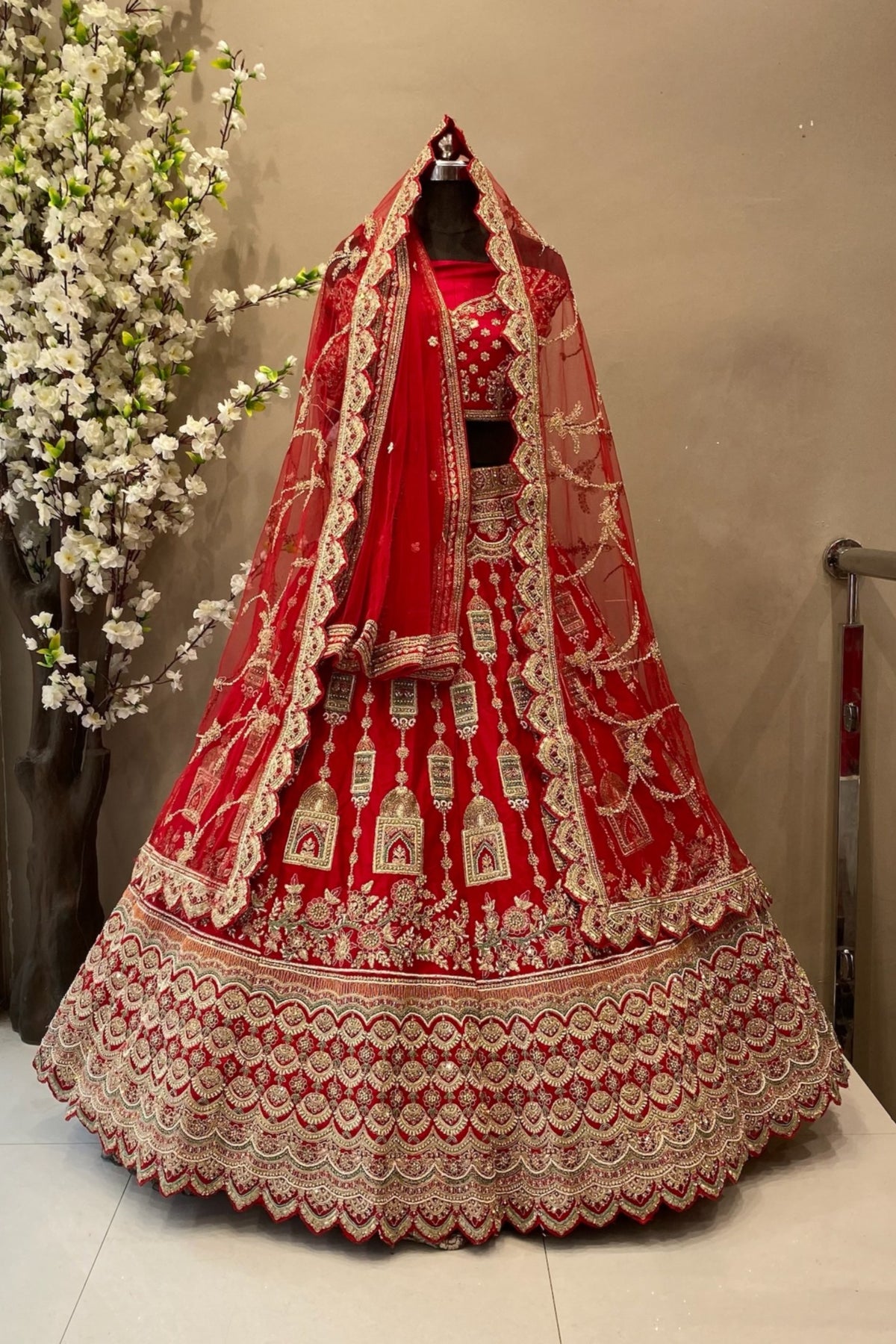 Designer Inspired Red Bridal Lehenga with double dupatta