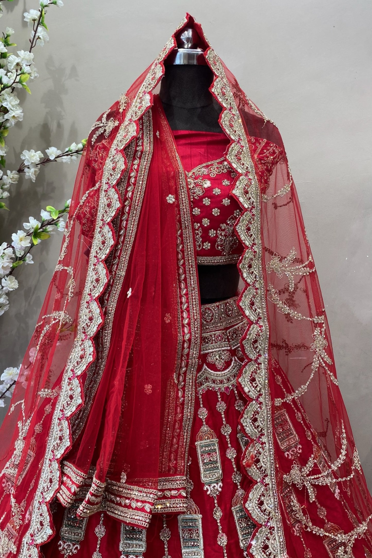 Designer Inspired Red Bridal Lehenga with double dupatta