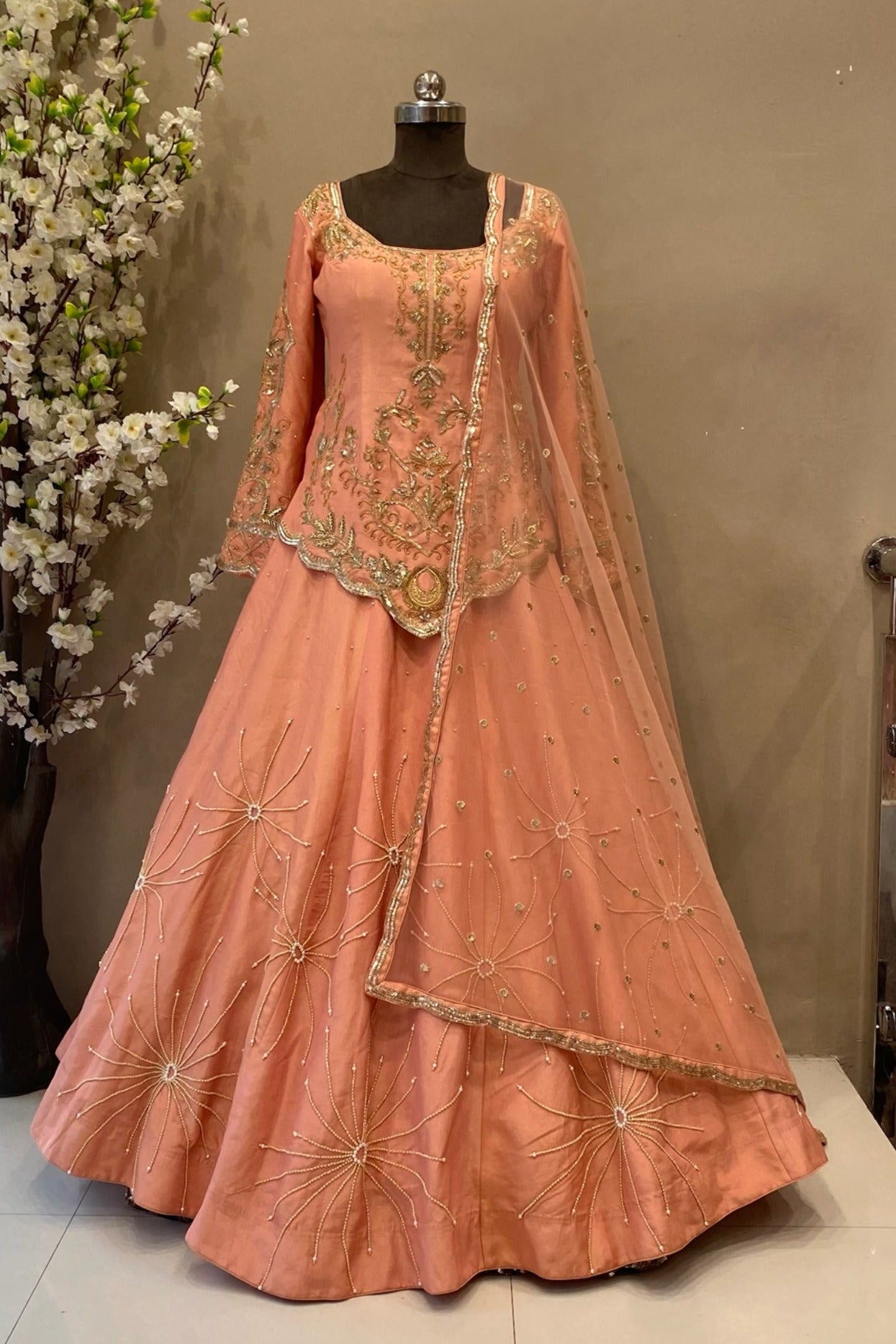 Peach Tissue Fabric Handcrafted Sharara | Designer Wedding Wear