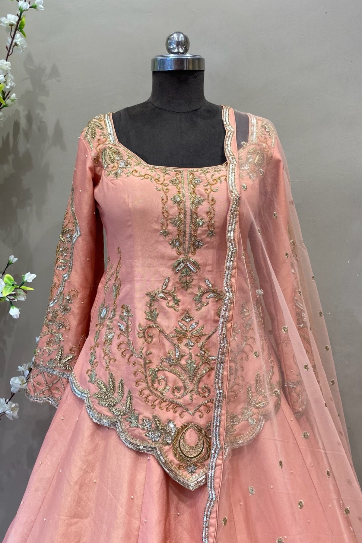 Peach Tissue Fabric Handcrafted Sharara | Designer Wedding Wear