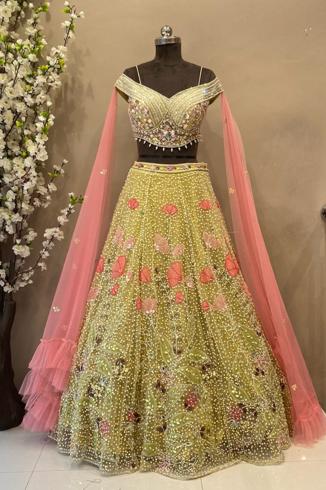 Olive Green Sangeet Lehenga with Intricate Work | Designer Wedding