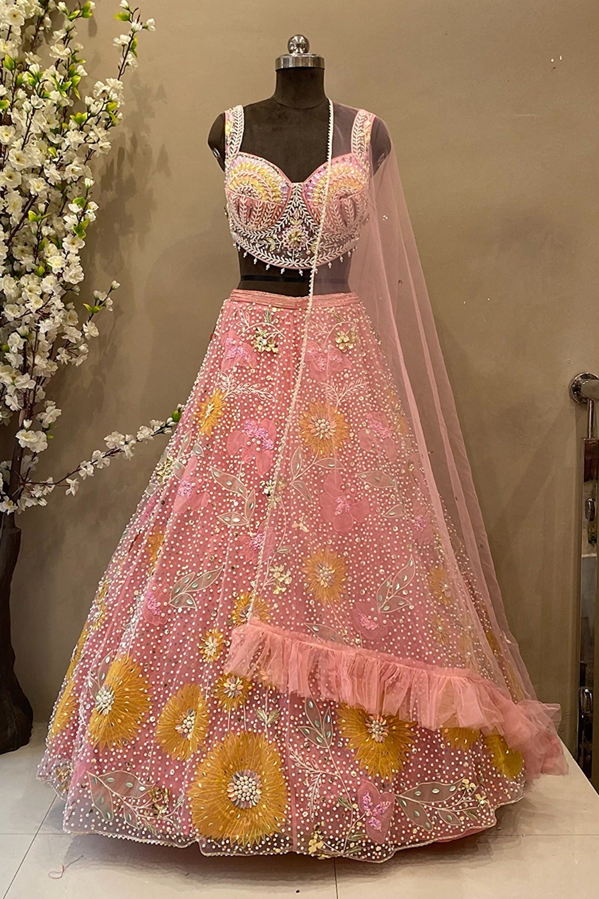 Pearl Work Floral Design Sangeet Lehenga | Designer Blouse Carnival