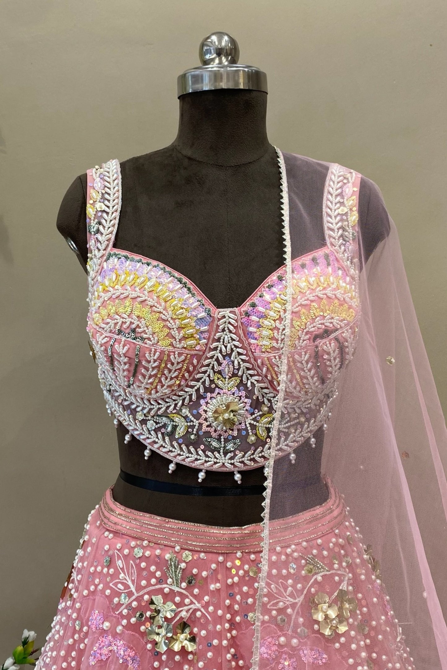 Pearl Work Floral Design Sangeet Lehenga | Designer Blouse Carnival