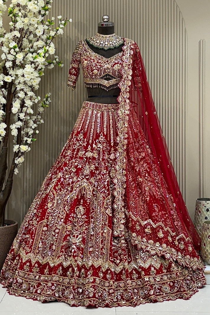 Heritage Crimson Bridal Lehenga | Heavy Golden Cutdana & Zarkan Hand-Couture