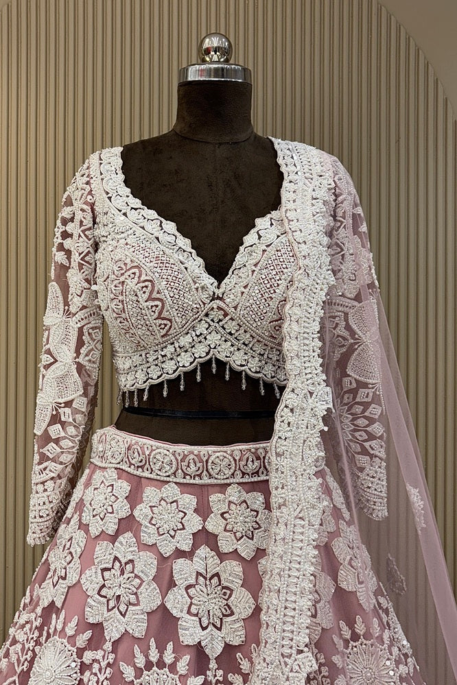 Mauve Lavender Pearl-Work & Cutdana Luxury Lehenga | Contemporary Surahi Hand-Embroidery Couture