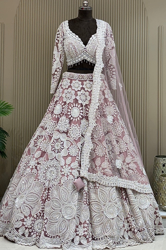 Mauve Lavender Pearl-Work & Cutdana Luxury Lehenga | Contemporary Surahi Hand-Embroidery Couture
