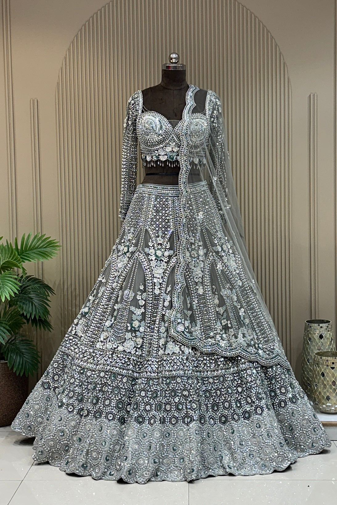 Pewter Grey Hand-Embellished Luxury Bridal Lehenga | Silver Zardozi & Cutdana Couture