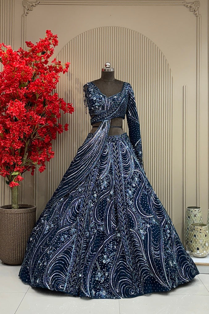 Midnight Navy Couture Lehenga | Hand-Embellished Cutdana, Metallic Beads & Zarkan Highlights