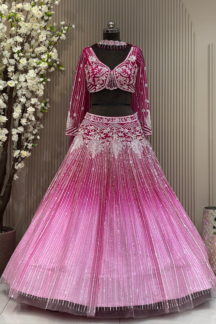 Hot Pink Ombré Luxury Lehenga | Heavy Cutdana & Poth Moti Work with Choker Dupatta