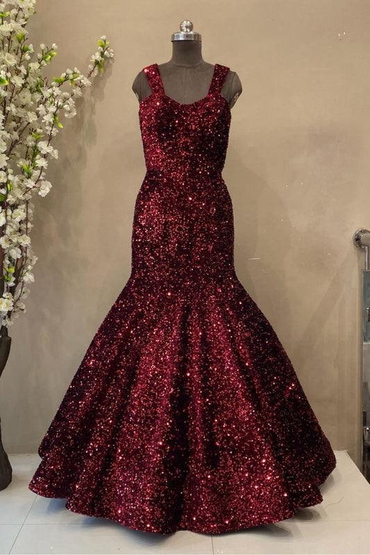 Burgundy Sequined Mermaid Gown with V-Neck | Evening Dress Wedding