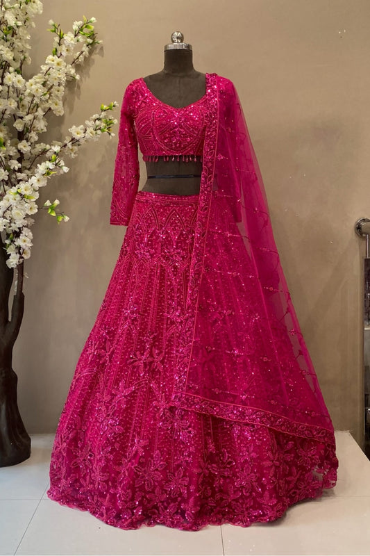 Fuchsia Pink Sequined Lehenga Choli with Full Sleeves | Wedding Wear