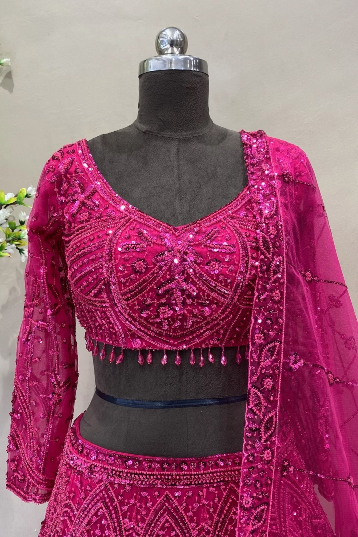 Fuchsia Pink Sequined Lehenga Choli with Full Sleeves | Wedding Wear