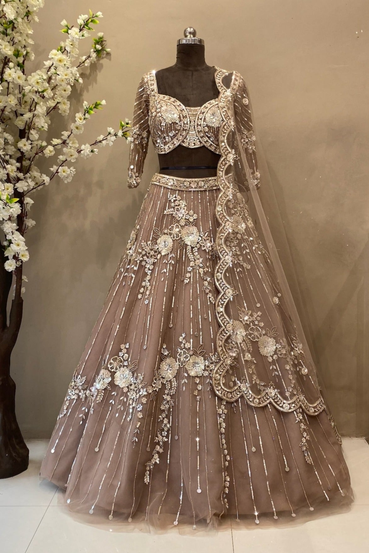 Mocha Brown Hand Embroidered Lehenga Choli with Heavy Dupatta | Wedding