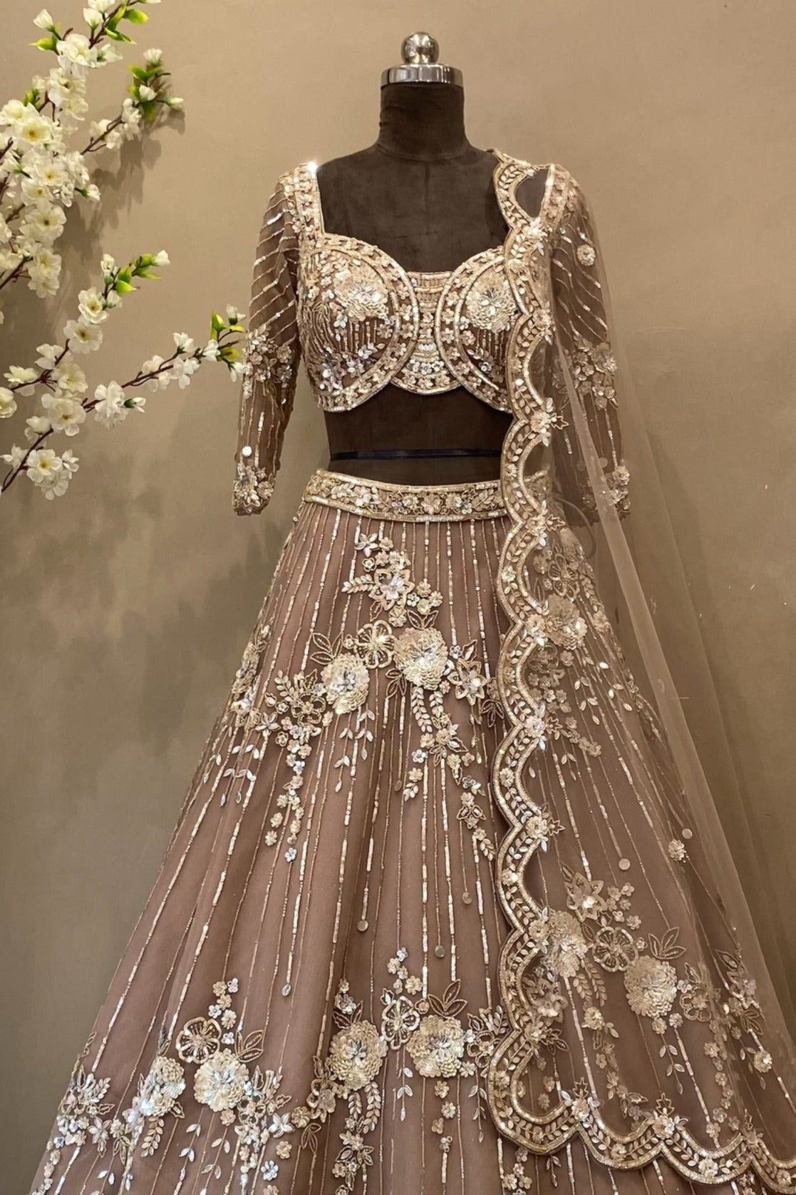 Mocha Brown Hand Embroidered Lehenga Choli with Heavy Dupatta | Wedding