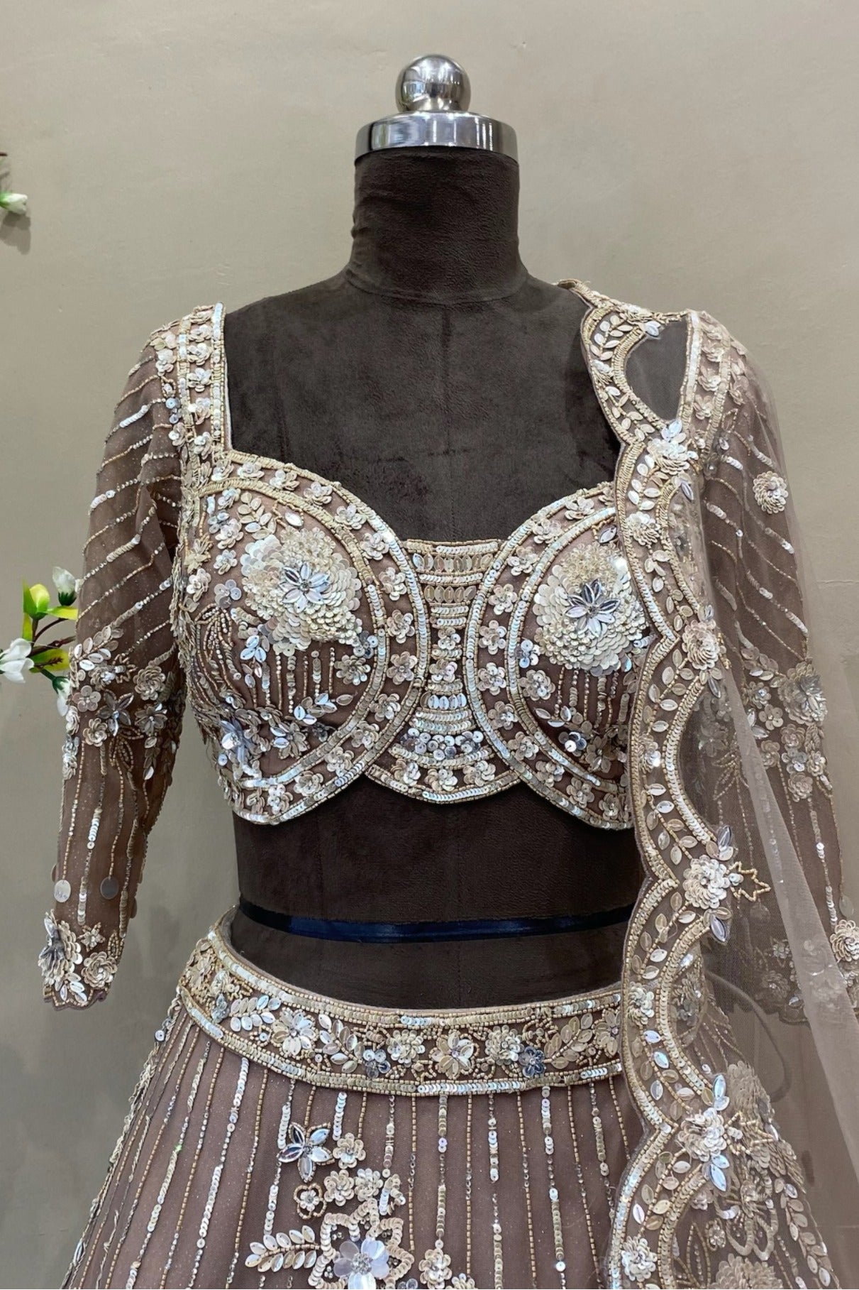 Mocha Brown Hand Embroidered Lehenga Choli with Heavy Dupatta | Wedding