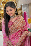 Close-up of pink printed chinon saree with handwork border details, premium ethnic wear from Urban Dulhaniya