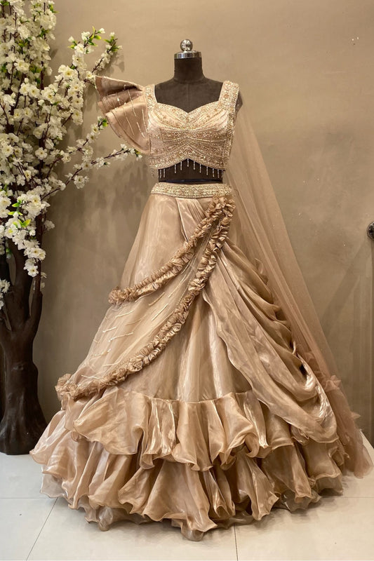 Golden Ruffle Saree Gown with Puffy Sleeves & Beaded Blouse | Bridal Wear