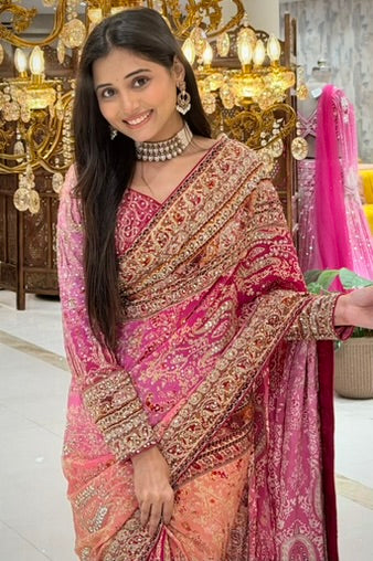Front view of pink printed chinon saree with handwork full sleeves, designer bridal wear at Urban Dulhaniya Pune