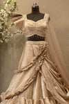 Golden Ruffle Saree Gown with Puffy Sleeves & Beaded Blouse | Bridal Wear