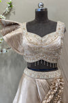 Golden Ruffle Saree Gown with Puffy Sleeves & Beaded Blouse | Bridal Wear