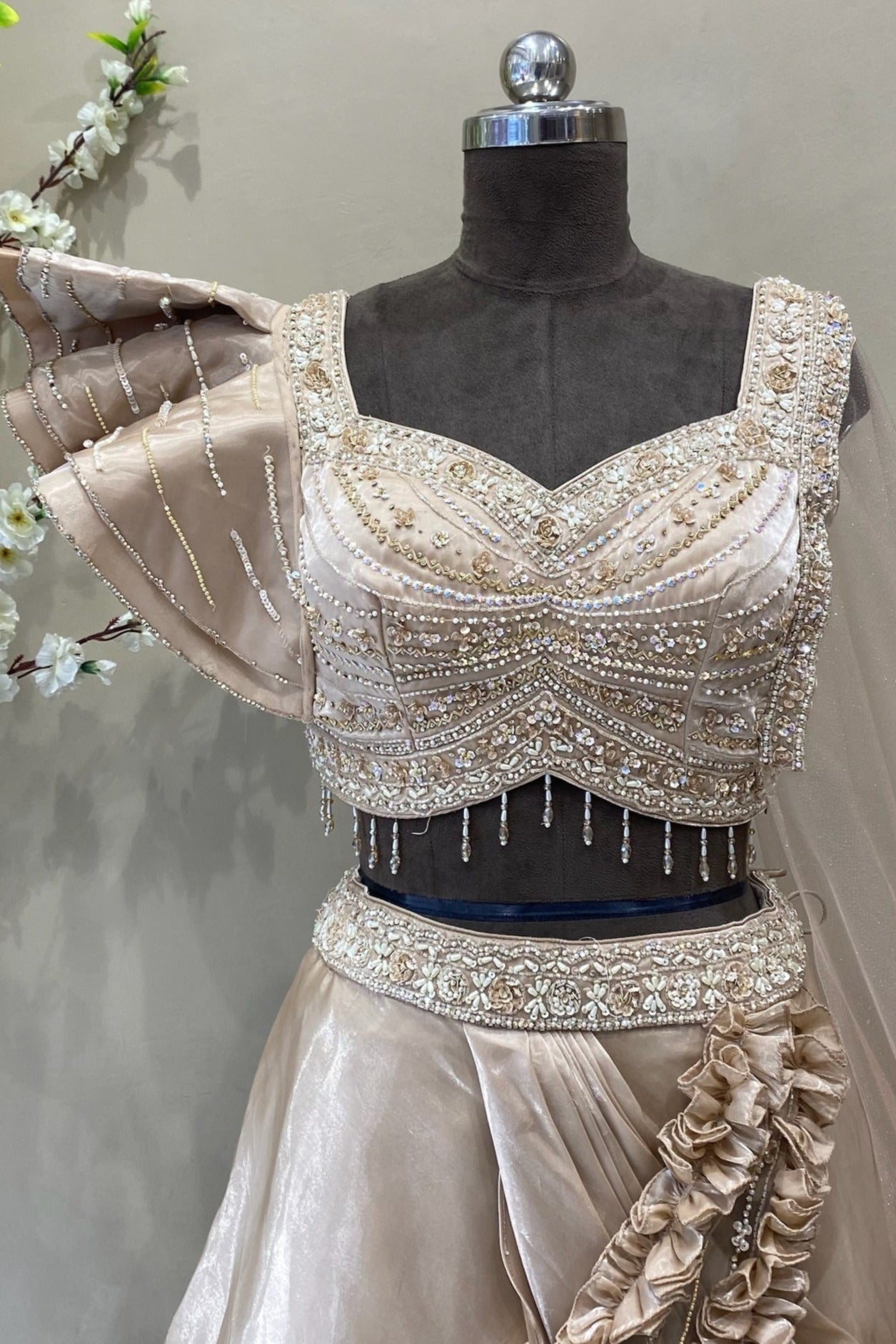 Golden Ruffle Saree Gown with Puffy Sleeves & Beaded Blouse | Bridal Wear