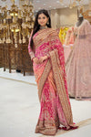 Drape detail of pink printed chinon saree with handwork highlights, bridal & occasion saree from Urban Dulhaniya Pune