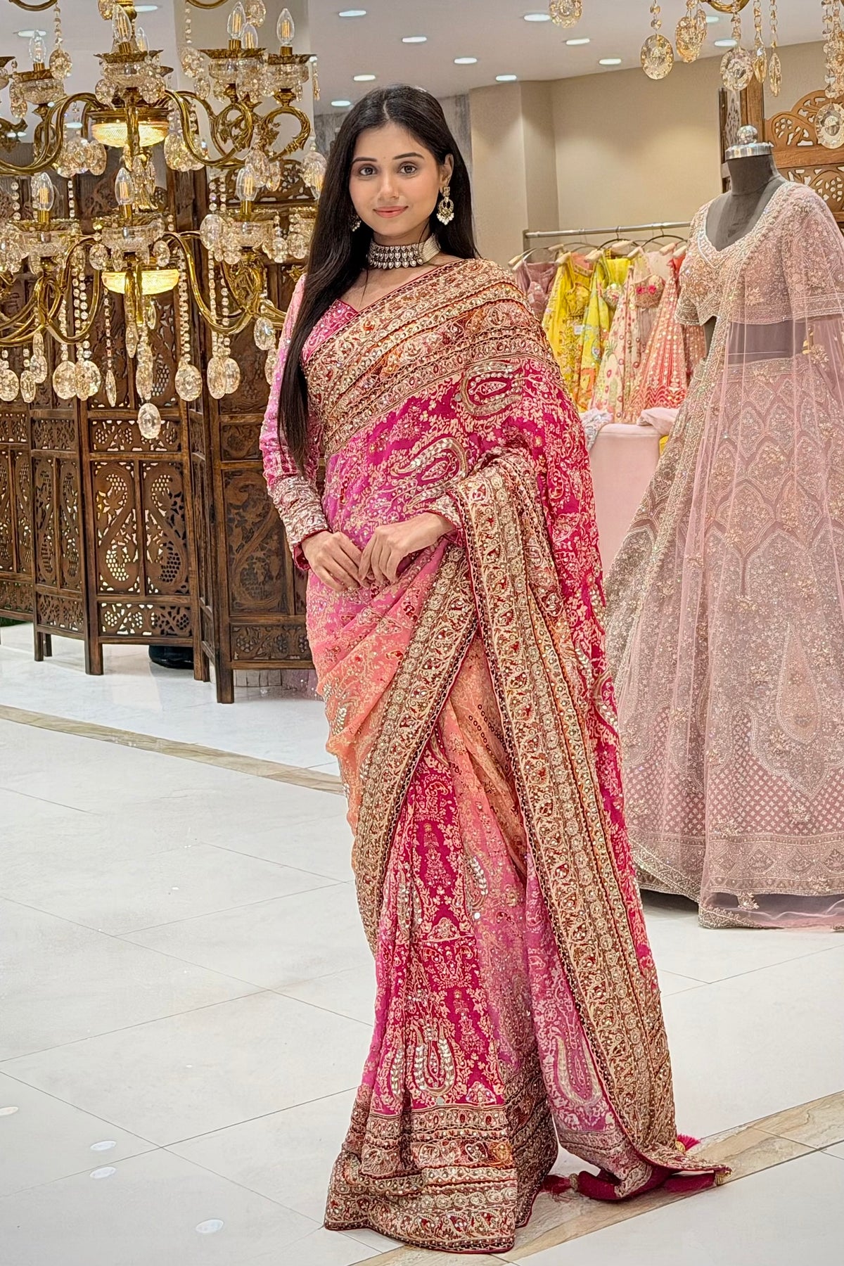 Drape detail of pink printed chinon saree with handwork highlights, bridal & occasion saree from Urban Dulhaniya Pune