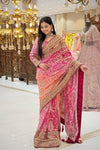 Full front view of pink printed chinon saree with handwork border, premium ethnic wear from Urban Dulhaniya   
