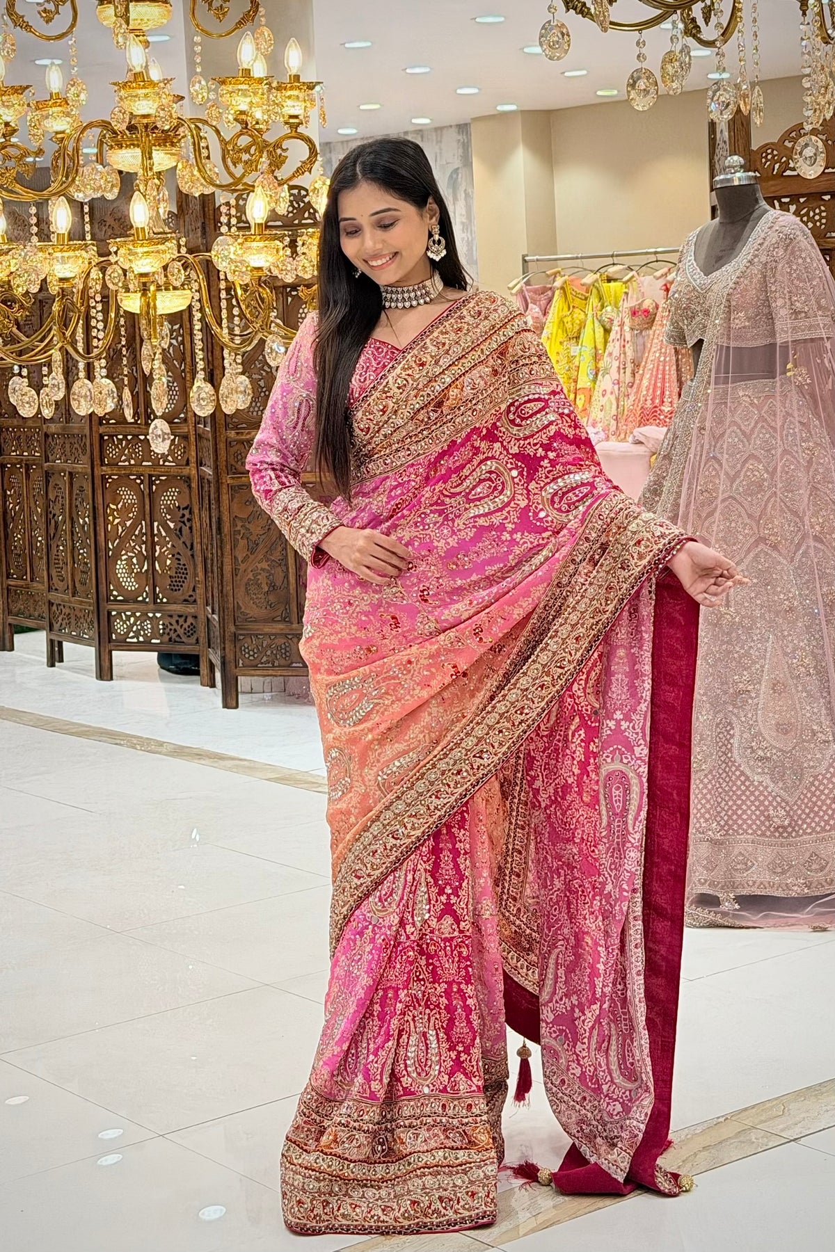 Full front view of pink printed chinon saree with handwork border, premium ethnic wear from Urban Dulhaniya   