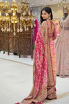 Back view of pink printed chinon saree with handwork blouse, designer bridal wear at Urban Dulhaniya Pune