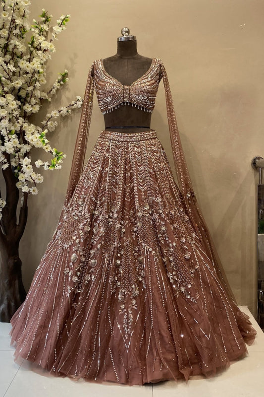Brown Net Embroidered Lehenga Choli with Long Sleeves | Bridal Wear
