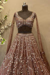 Brown Net Embroidered Lehenga Choli with Long Sleeves | Bridal Wear
