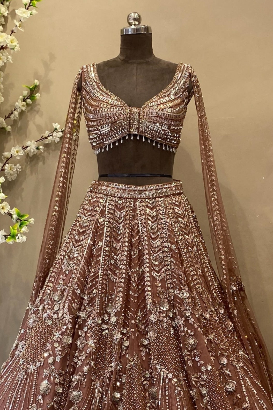 Brown Net Embroidered Lehenga Choli with Long Sleeves | Bridal Wear