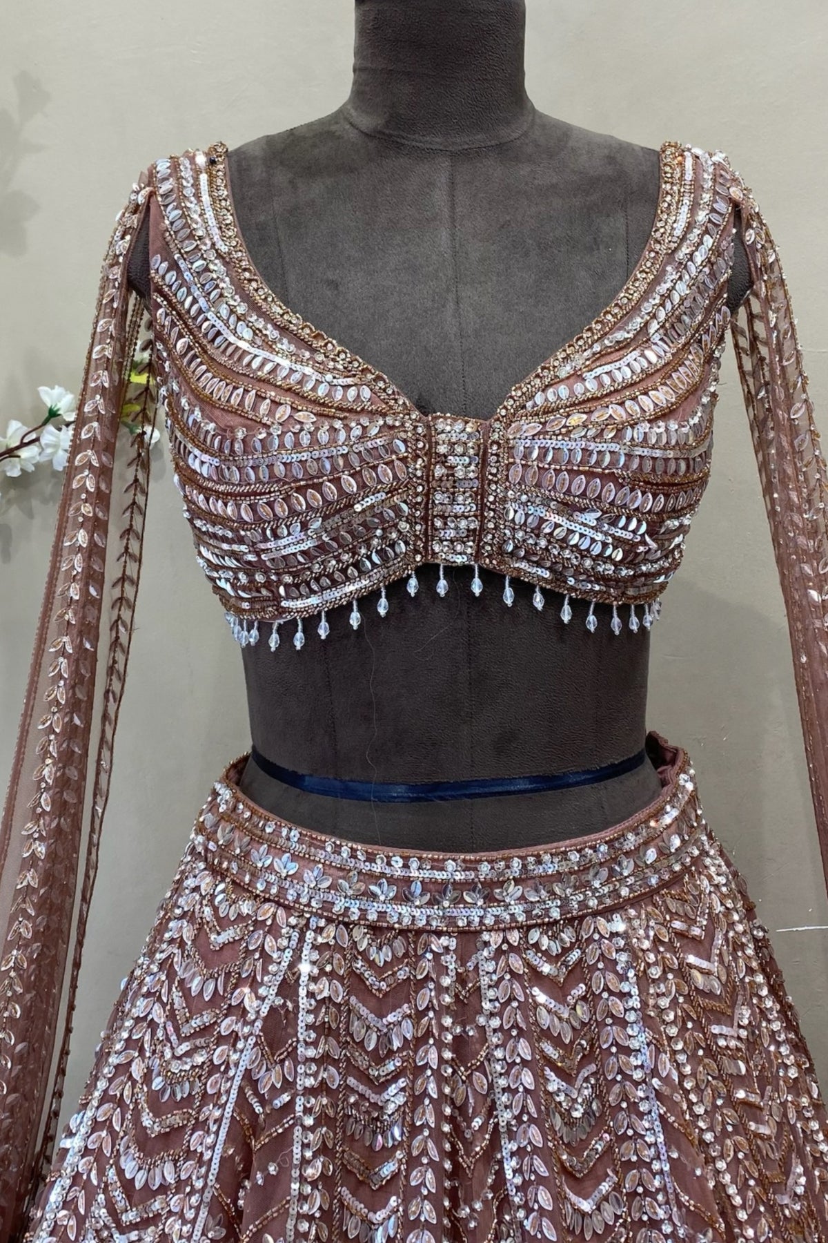 Brown Net Embroidered Lehenga Choli with Long Sleeves | Bridal Wear