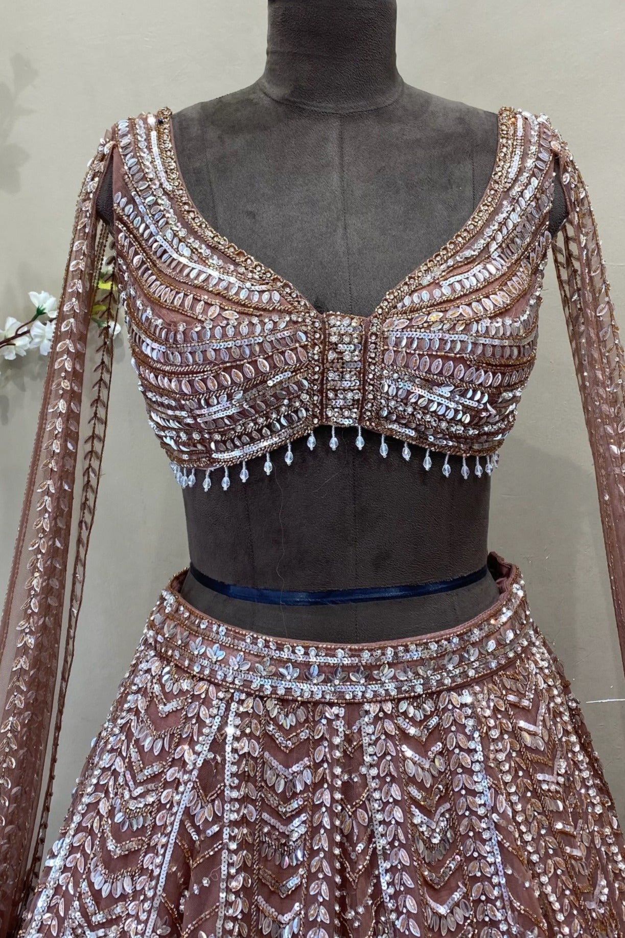 Brown Net Embroidered Lehenga Choli with Long Sleeves | Bridal Wear