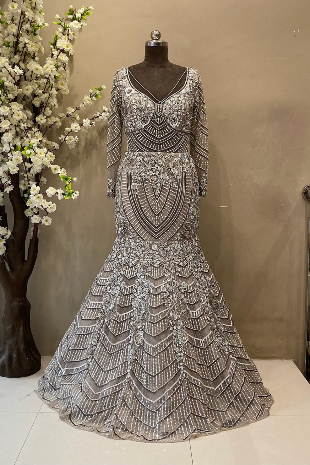 Silver Sequined Mermaid Gown with Long Sleeves | Glamorous Evening Wear