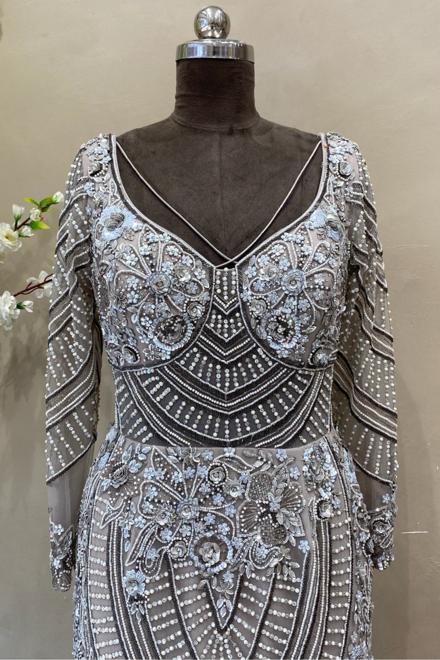 Silver Sequined Mermaid Gown with Long Sleeves | Glamorous Evening Wear