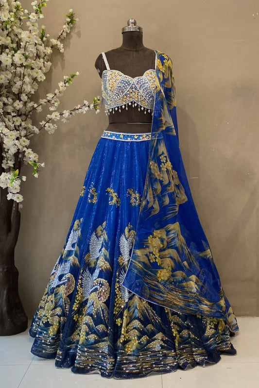 Blue Embroidered Lehenga Choli with Crop Top & Heavy Sequins | Wedding