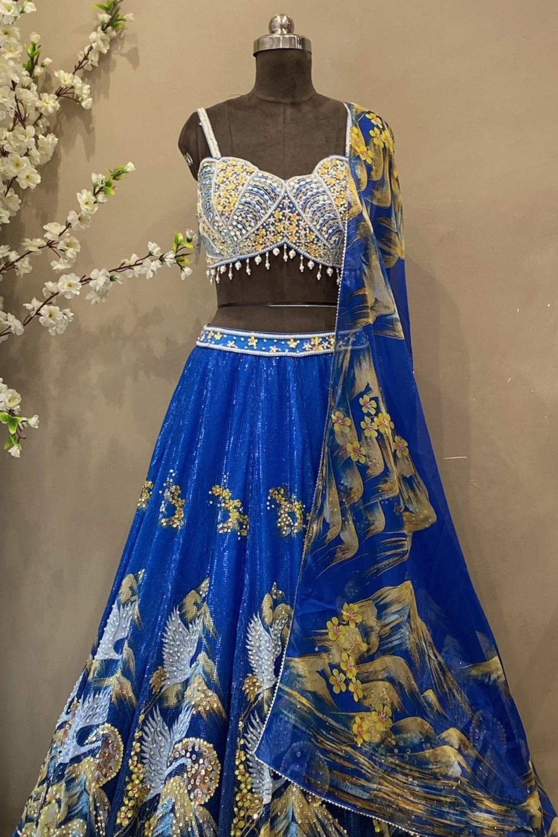 Blue Embroidered Lehenga Choli with Crop Top & Heavy Sequins | Wedding