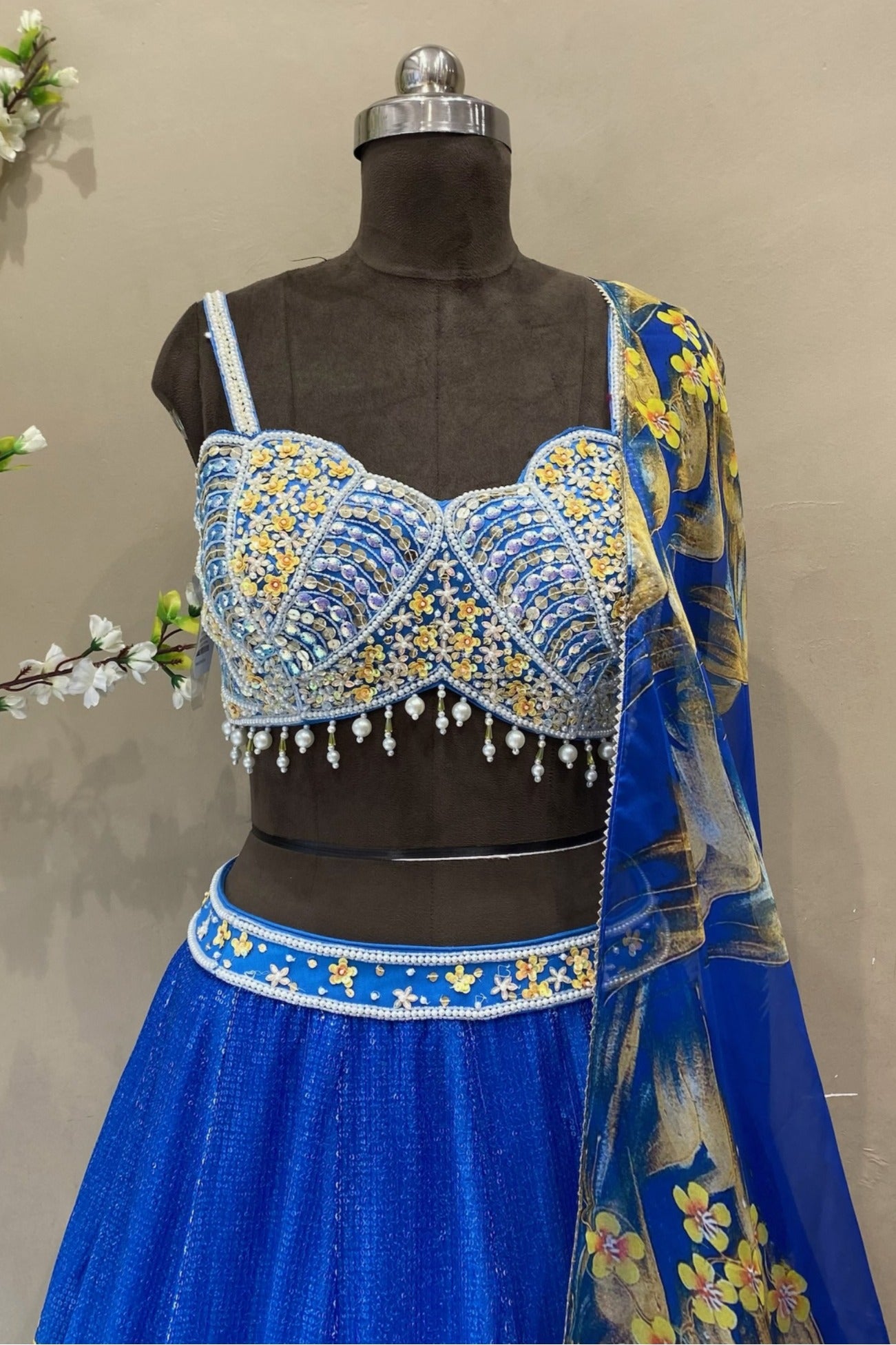Blue Embroidered Lehenga Choli with Crop Top & Heavy Sequins | Wedding