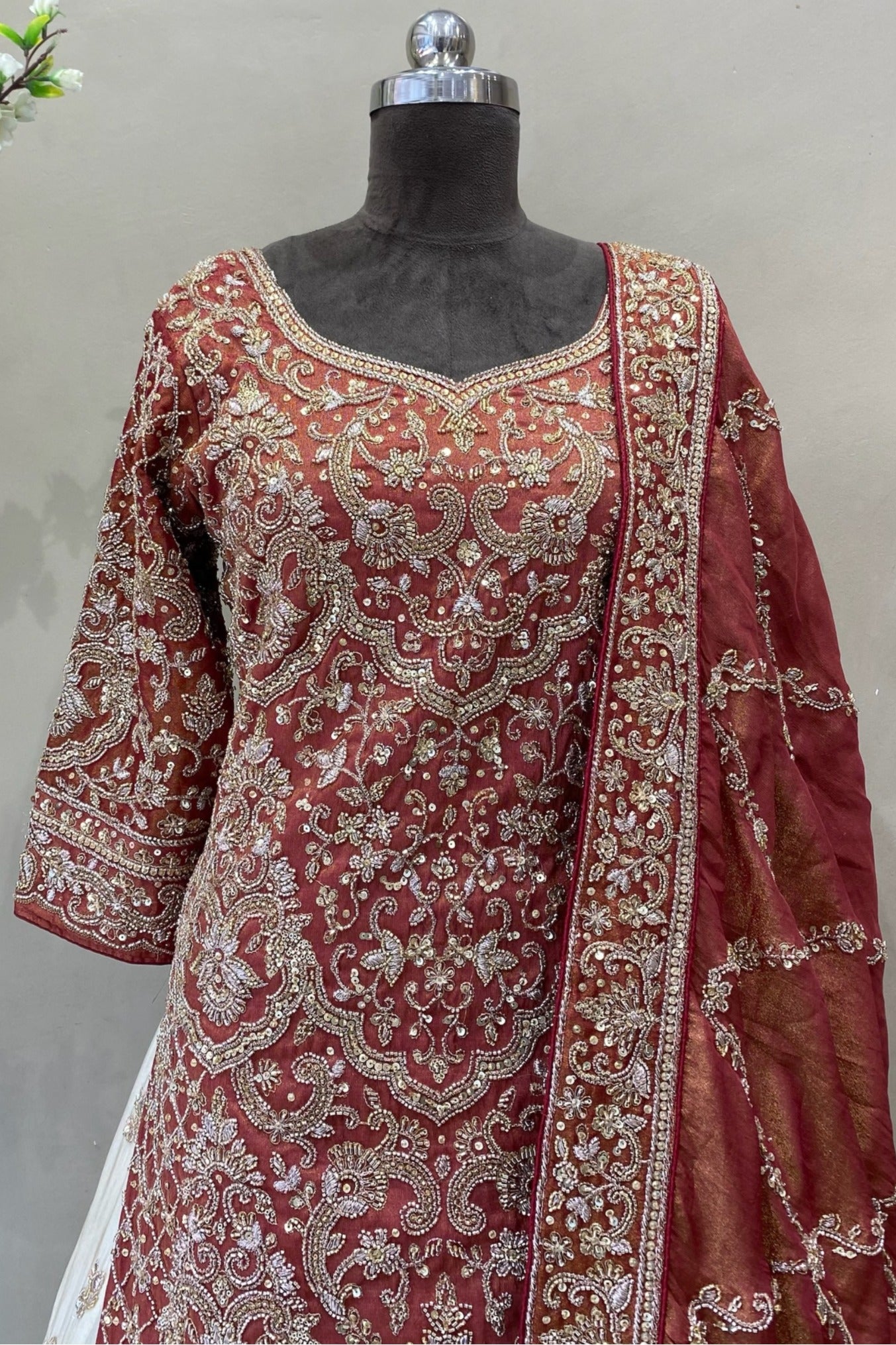 Burnt Copper Sharara Suit with Embroidered Lehenga | Bridal Festive