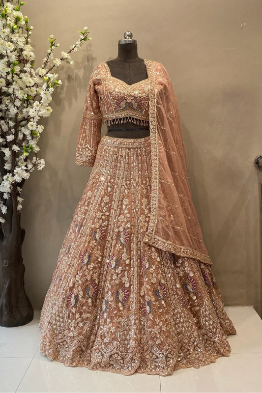 Peach Gold Beads Work Lehenga with 16 Kalis | Bridal sangeet Wear