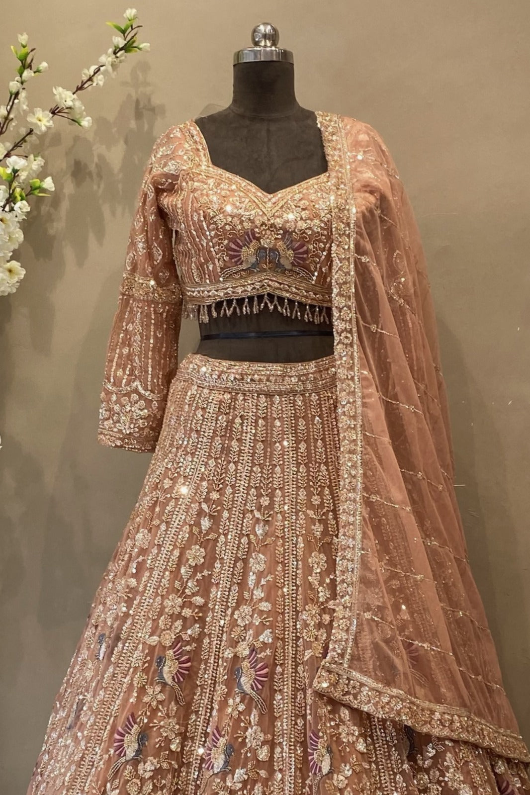 Peach Gold Beads Work Lehenga with 16 Kalis | Bridal sangeet Wear