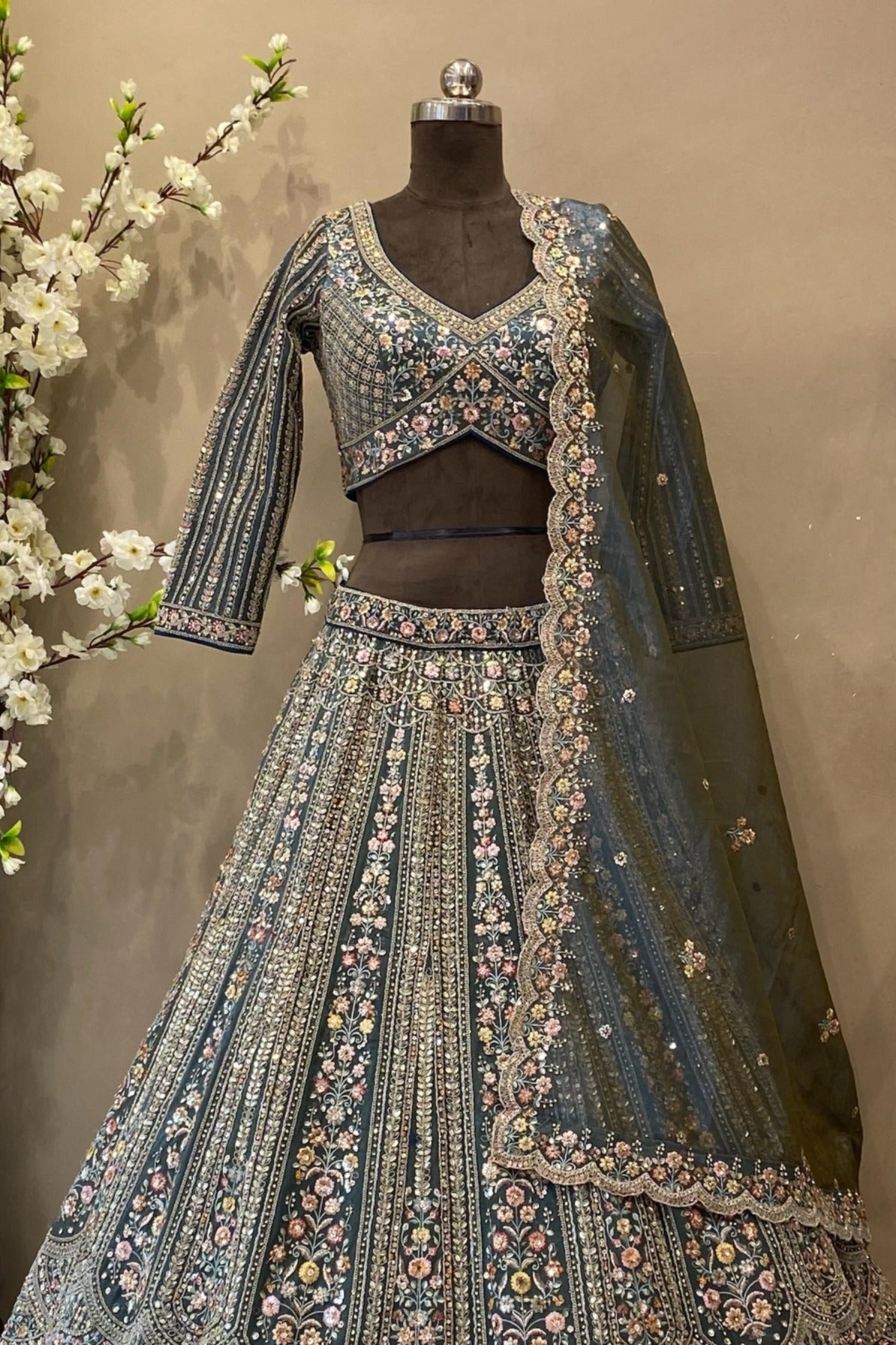 Light Turquoise Embroidered Lehenga Choli with Dupatta | Wedding Festive