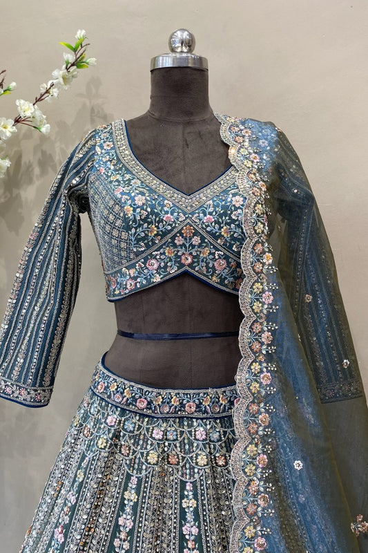 Light Turquoise Embroidered Lehenga Choli with Dupatta | Wedding Festive