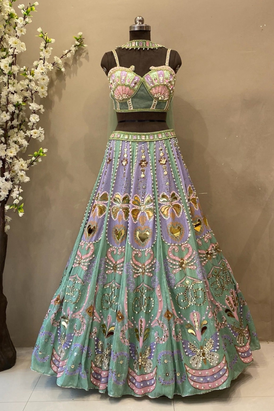Lavender Green Seashell Embroidered Lehenga with Crop Top | Beach Wedding