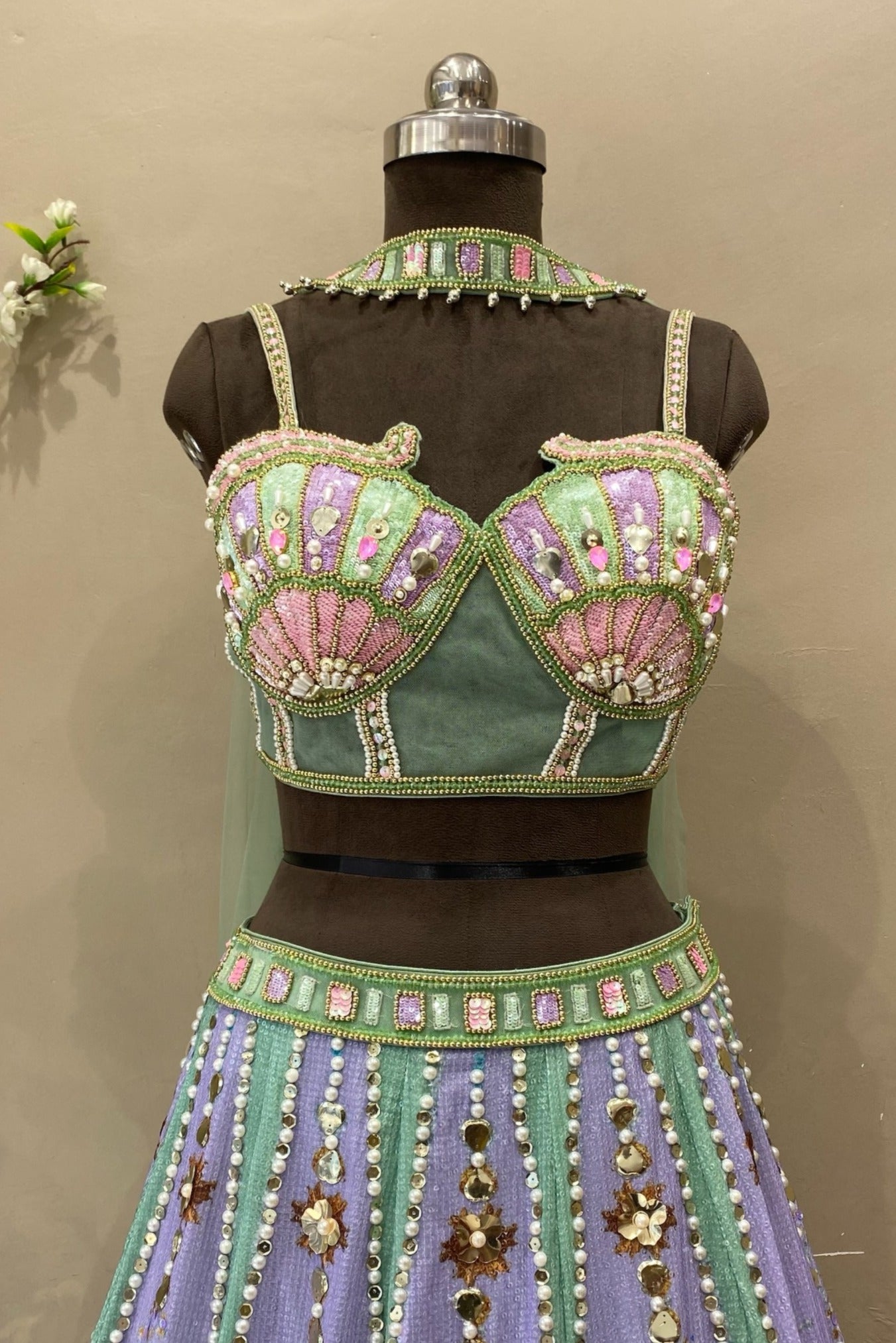 Lavender Green Seashell Embroidered Lehenga with Crop Top | Beach Wedding