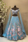 Celestial Blue Embroidered Lehenga with Flowing Cape | Designer Wedding